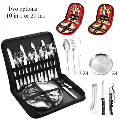 10in1 oder 20in1 Zwei Optionen Edelstahl Outdoor Geschirrset, Camping Picknick Messer, Gabel, Löffel