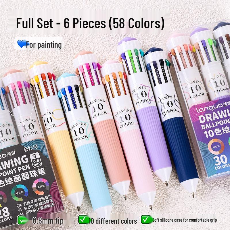 Blue Fruit 60-Color Press-Type Multicolor Ballpoint Pen Set – Ten-Color All-in-One Multifunctional Journal Pen.