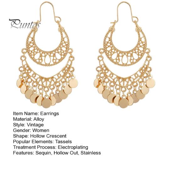 1 Pair Hanging Earrings Vintage Sequin Tassel U-shaped Hollow Out Exquisite Stainless Anti-allergy Bohemian Ethnic Party Prom Dangle Earrings