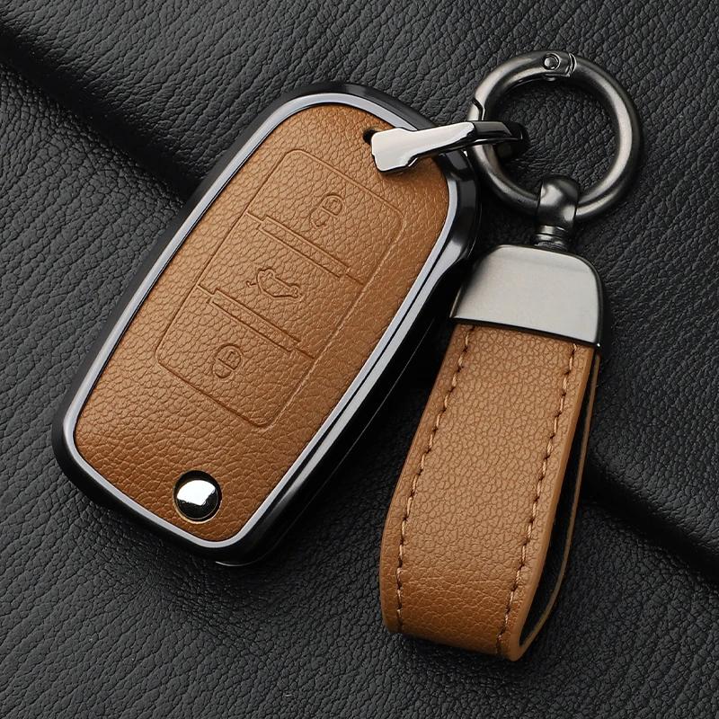 Metal And Leather 3 Button Car Key Case Cove For Vw Volkswagen Beetle Caddy Eos Golf Jetta Polo Scirocco Tiguan Touran Up
