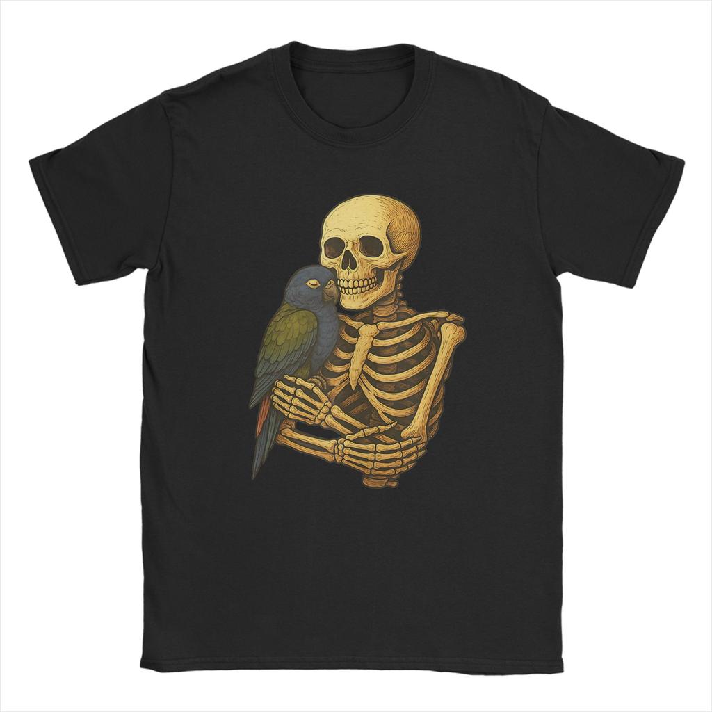 Skeleton Hugging Pionus Parrot Funny Halloween T-Shirt Men Vintage Cotton Tees O Neck Short Sleeve T Shirts Plus Size Clothes