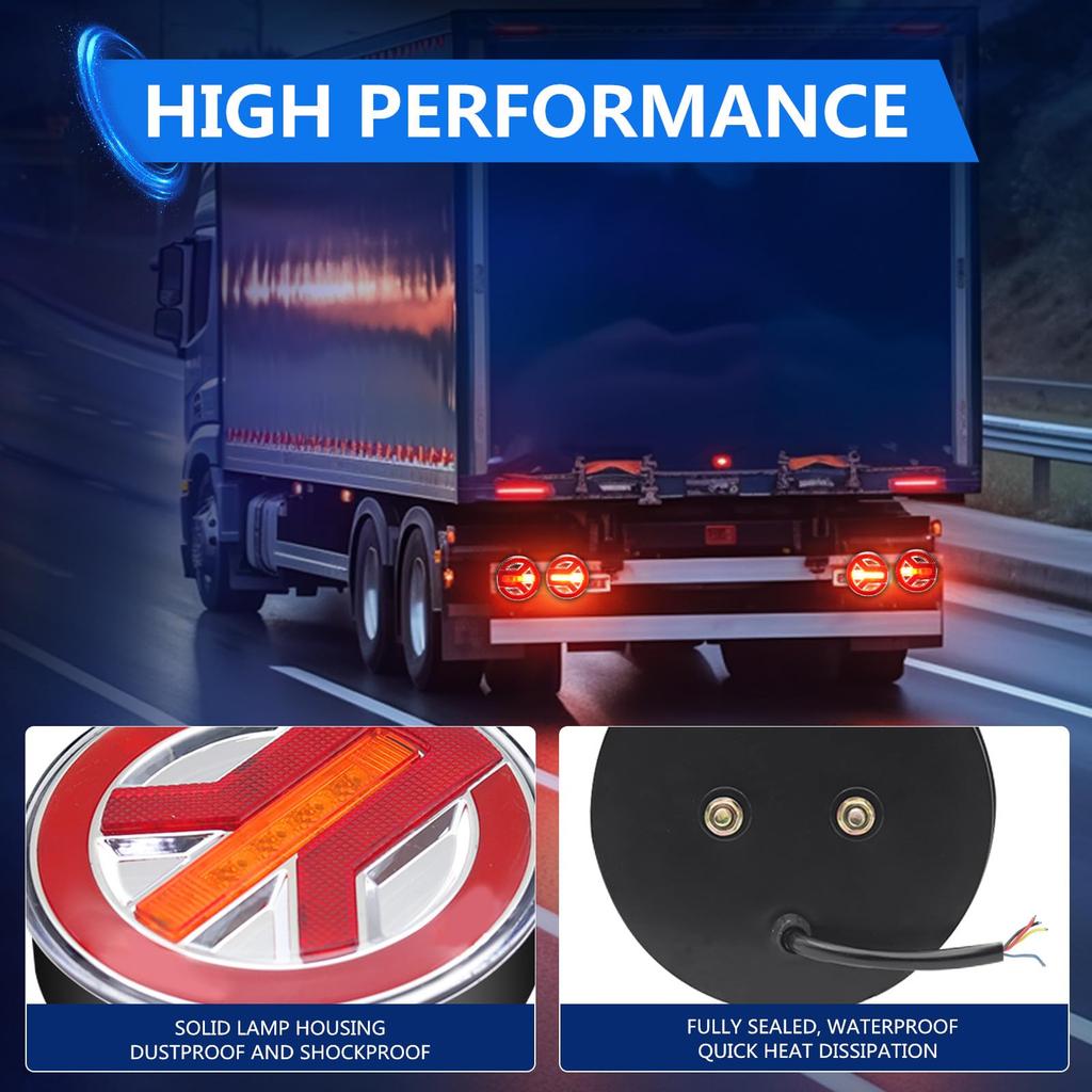 Round LED Trailer Tail Lights with Turn Signals, Stop, and Brake Functions for Trucks, Trailers, RVs, and Pickups, 12V/24V, Waterproof