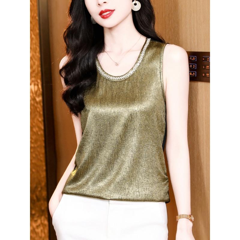 

Корейская версия нового универсального темпераментного текстурного и текстурного тяжелого индустриального жилета с бусинами женского темпераментного внутреннего топа без рукавов с открытыми плечами 3XL золотой