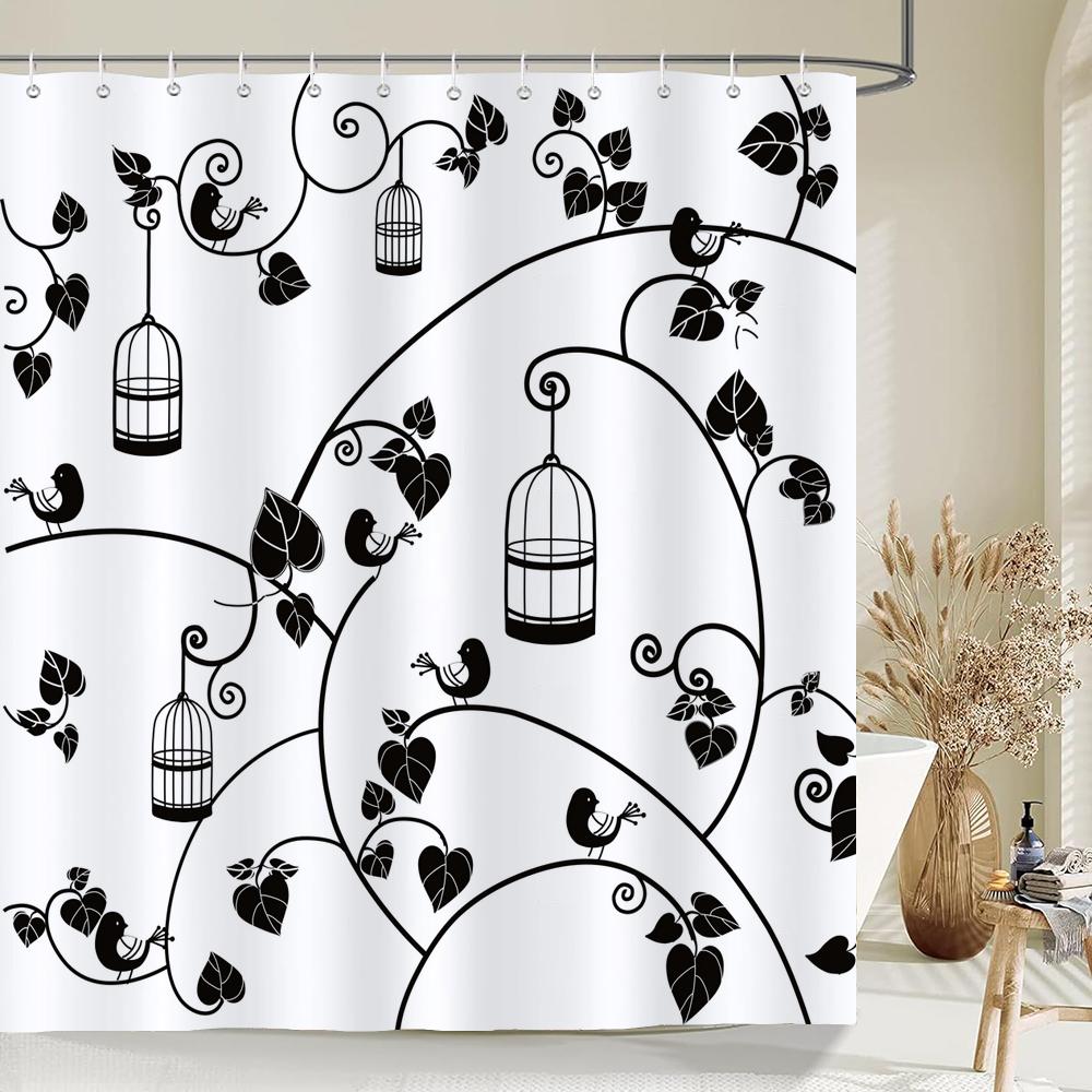Nordic minimalist art printing Shower Curtain, Waterproof Fabric Flower and leaf Bird pattern Bathroom Curtain for Bathtub Decor