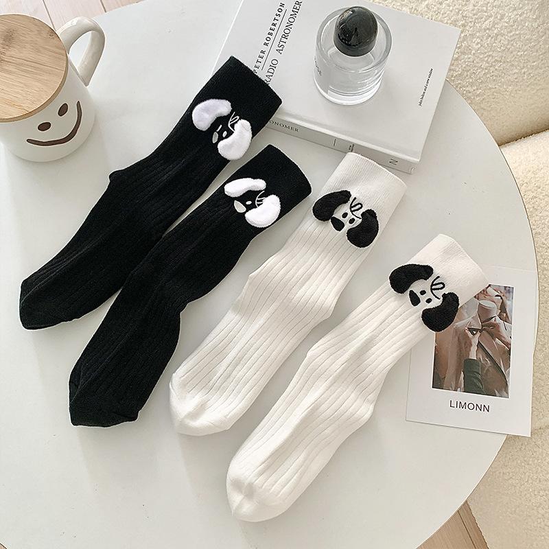 Three-Dimensional Doll Socks Female Black And White Ears Puppy Medium Stockings Vertical Stripes Versatile Pile Socks Female