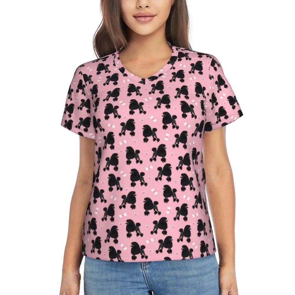 Cute Poodle Print T-Shirts Life Is Better V Neck Fashion Oversized T-Shirt Short Sleeve Woman Aesthetic Tshirt Design Top Tees