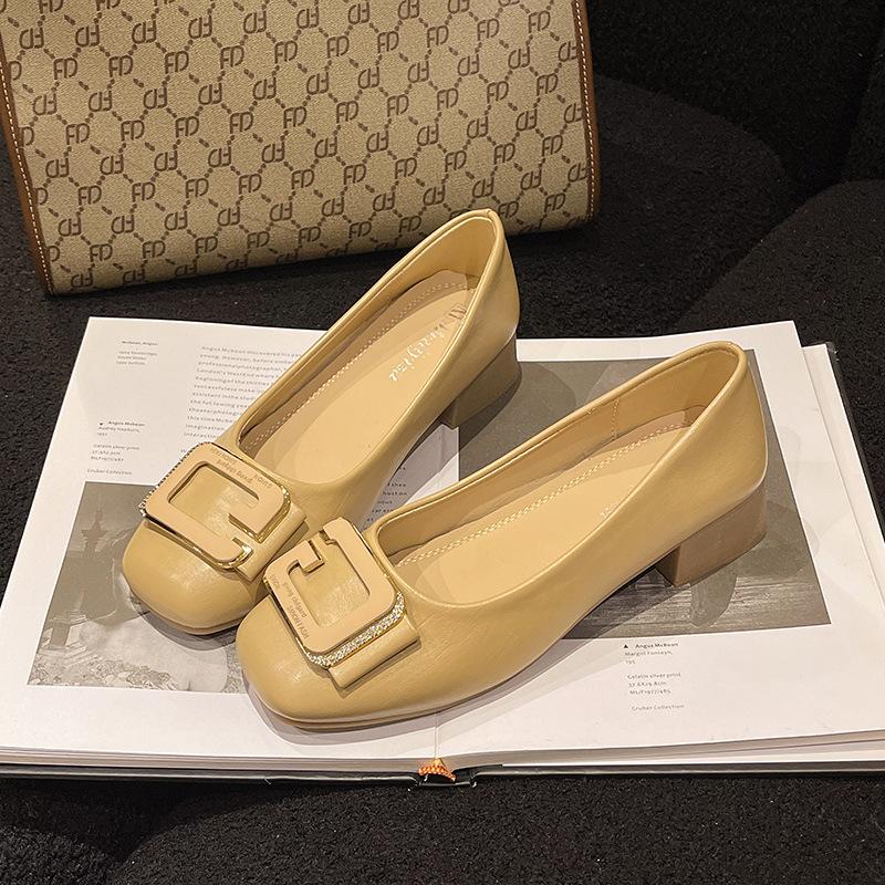 Flat Single Shoes Women's 2025 Spring and Autumn New French Temperament Low Heel Square Head One Pedal Ladyshoes Light Mouth Square Buckle Shoes