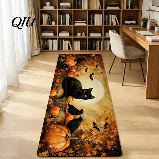 Halloween Themed Floor Rug Kitchen Rug, Pumpkin Bat Black Cat Non-slip Mat, Durable Anti-slip Spooky Entrance Festive Decorative for