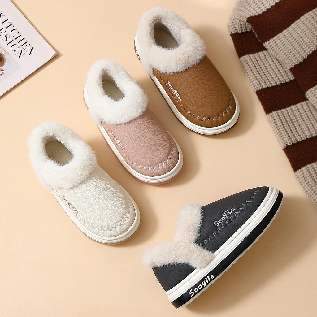PU waterproof cotton slippers winter bag heel 2025 new home indoor thick-soled velvet thermal cotton shoes