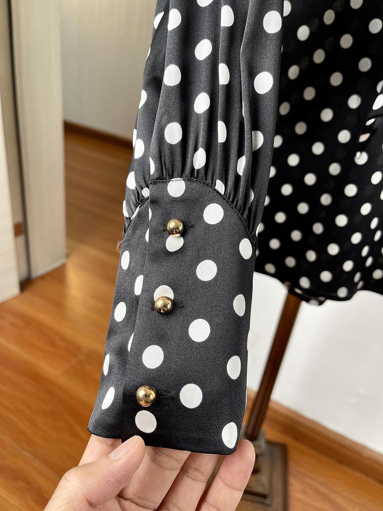 Women's Black and White Polka Dot Long Sleeve Ribbon Silk Top
