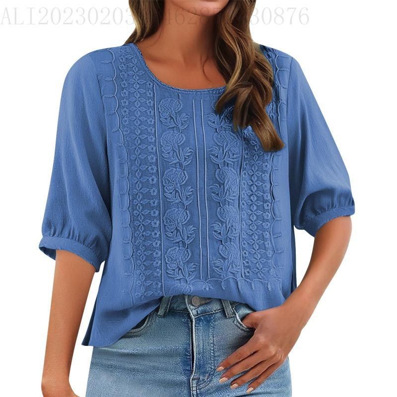 Summer Elegant Embroidery Loose Women Blouse Large Size Casual T-shirt Loose Simple Office Solid Color Fashion Elegant O Neck Sweet Shirts Clothing