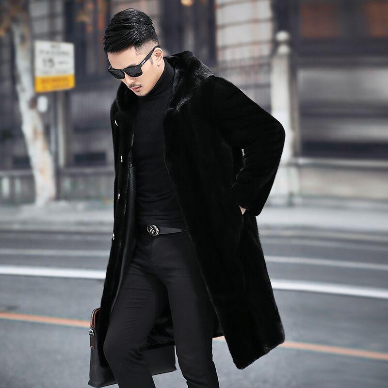 Mink Coat Men's New Mink Hair Warm Whole Mink Long Slim Fit with Hat Fur Casual Fur Jacket