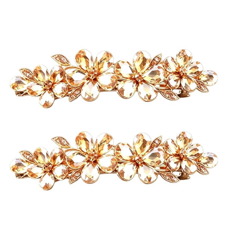 2-Piece Spring Hair Barrette Set Hairpin with Faceted Flowers and Leaf Trim for Holiday, Wedding and Stage Hairstyles