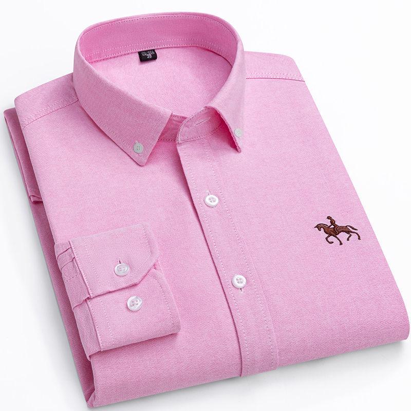 Men's Pure Cotton Embroidered Oxford Shirt - Long Sleeve, Solid Color, Spring/Autumn Business Casual