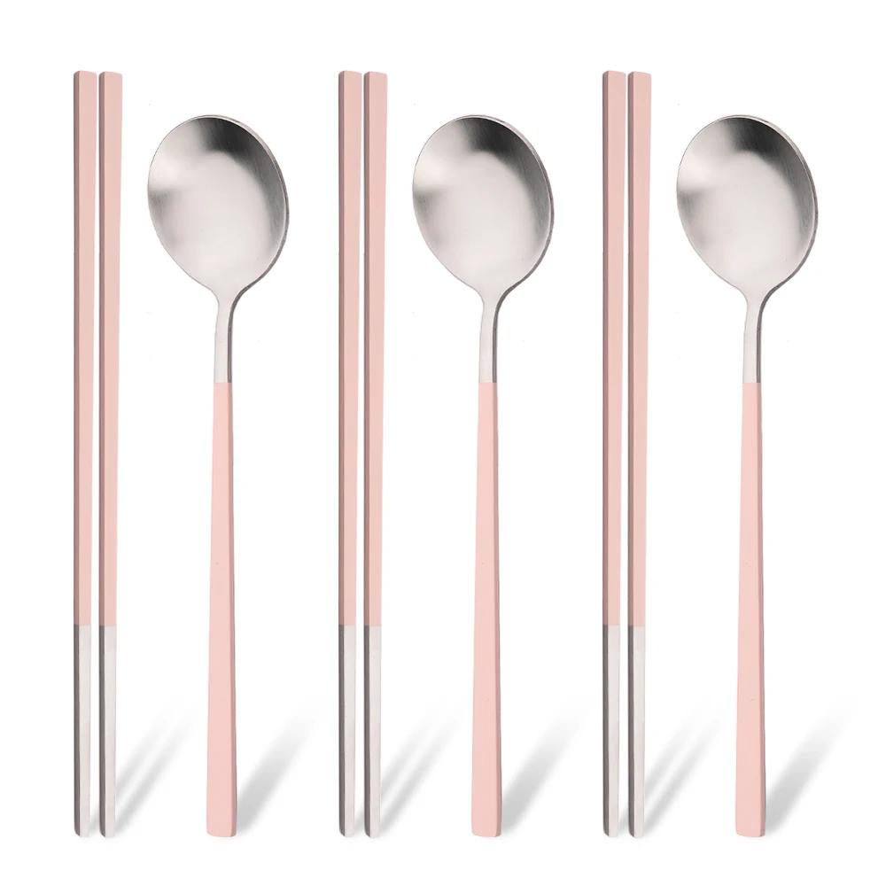 Pink Silver Matte Korean Tableware Set 6Pcs Luxury Cutlery Set Stainless Steel Dinnerware Spoon Chopsticks Flatware Cutlery Set