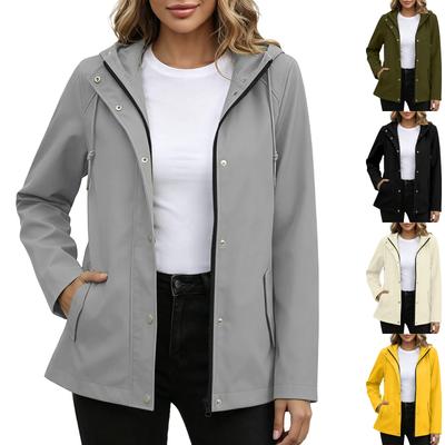 Wasserdichte Winddichte Kapuzenjacke für Damen mit durchgehendem Reißverschluss, Leichter atmungsaktiver Outdoor-Regenmantel, Shell mit verstellbarer Kapuze und Taschen