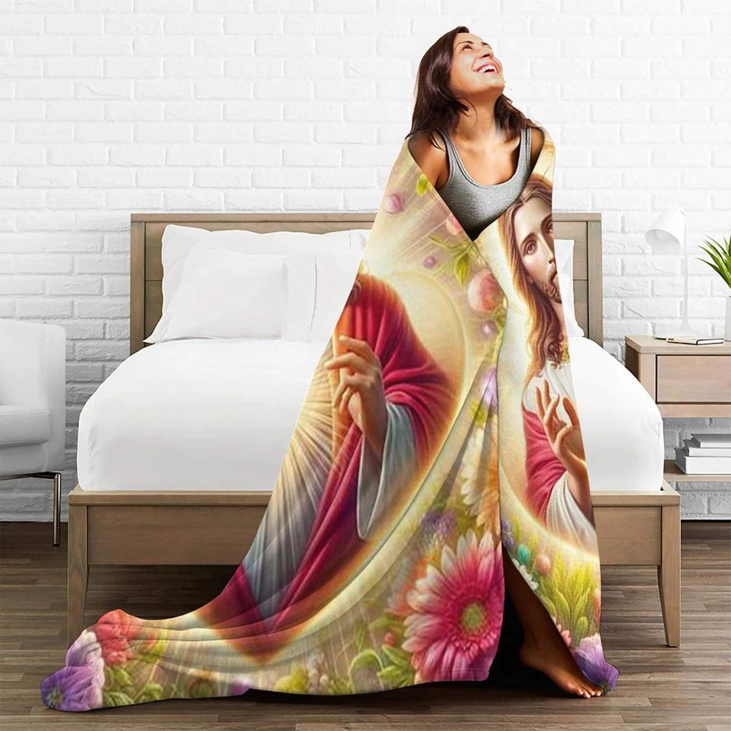 Jesus Christ Angelic Heart Religious Blankets Soft Warm Flannel Throw Blanket Bedding for Bed Living Room Picnic Travel Sofa