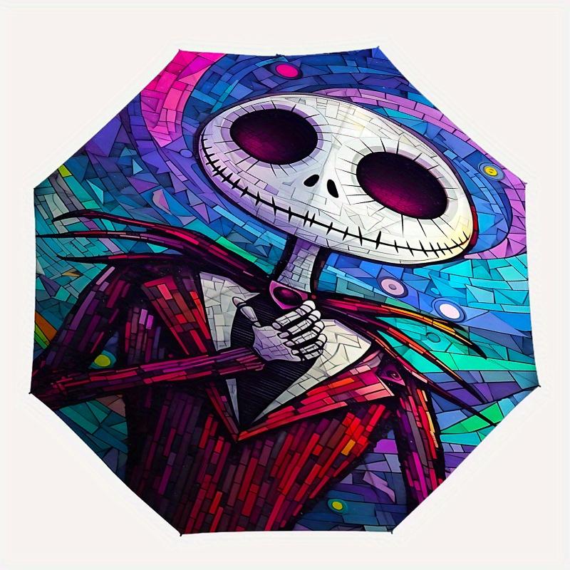 1 Automatischer Regenschirm Jack Skellington, Bunter 8-Speichen-Schirm mit Buntglas-Thema, Tragbar für Damen und Herren, Ein Kompakter Begleiter für den täglichen Weg, Geeignet