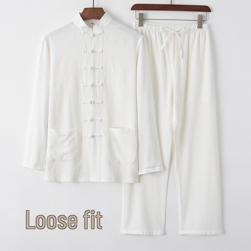 Costume Tang en Coton Lin à Manches Longues pour Homme: Style chinois rétro, Coupe ample pour personnes d'âge moyen et âgées, Parfait pour le Tai Chi.