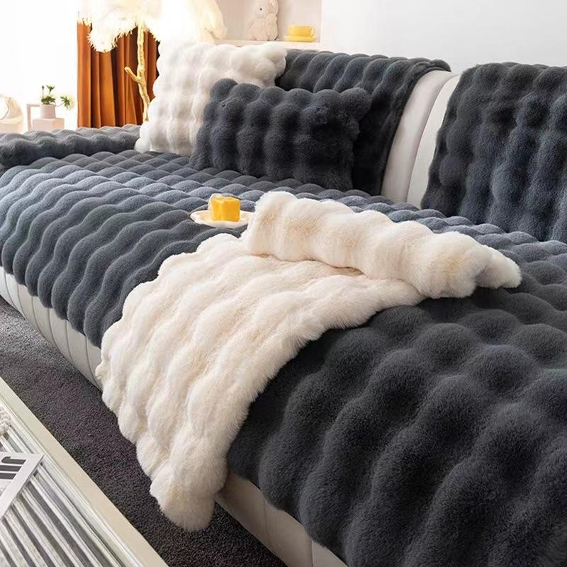 Rabbit Plush  Sofa Cover Winter Thickened Couch Pad Solid Color Premium Anti Slip Sofa Protective Blanket Sofa Dust Cover Towel