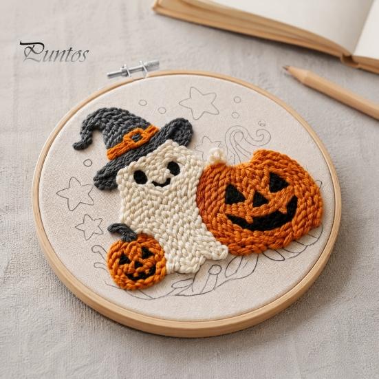 Holiday Gift for Craft Enthusiasts Halloween Punch Needle Kit, Pumpkin Ghost Kit with Complete Yarn Crafting Package Embroidery Hoop, Easy Art Project