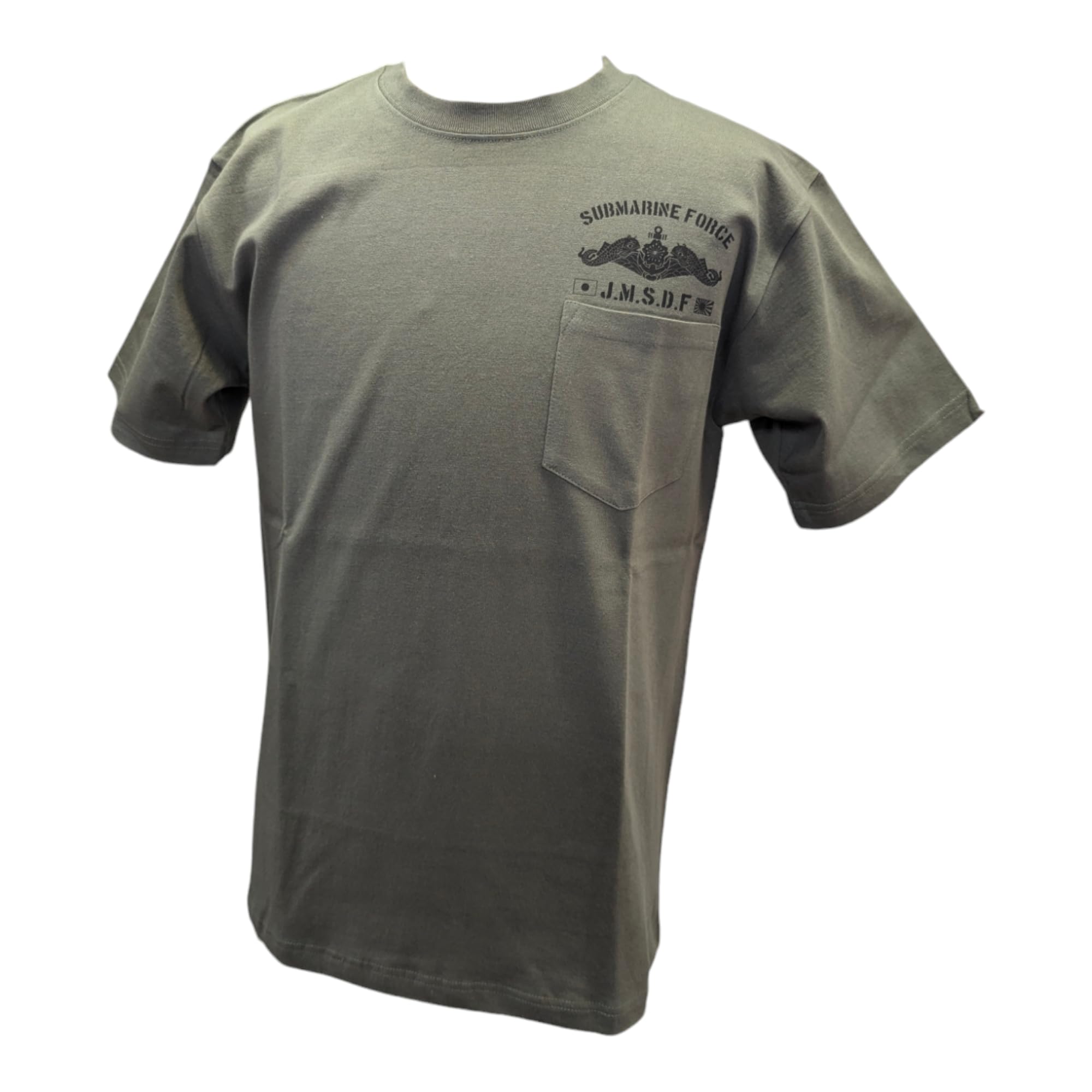 

Fuji Uniforms JSDF T-Shirt (Left Chest Pocket Submarine Emblem) JMSDF Military One-Point Dolphin Rising Sun Flag Warship Submarine 100% Cotton (OD, M)