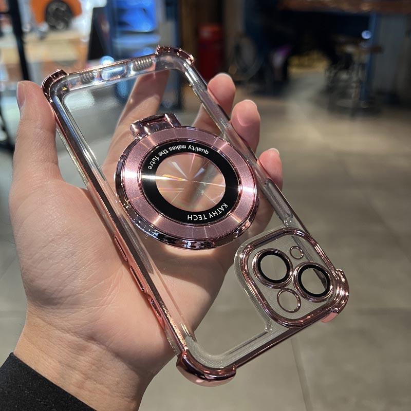 Luxury Magnetic Plating Stand Shockproof Clear Case  For iPhone 17 16 15 14 13 12 11 Pro Max Plus Shockproof Acrylic Back Cover