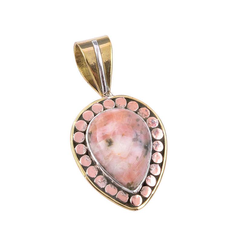 Natural Rhodonite Gemstone 925 Solid Sterling Silver Two Tone Pendant 1.50" a9M88