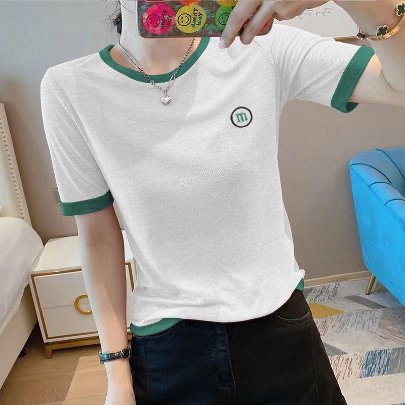 

Top Slub Cotton Short Sleeve Summer Large Size Women s Embroidery Loose Contrast Versatile T-Shirt M білий
