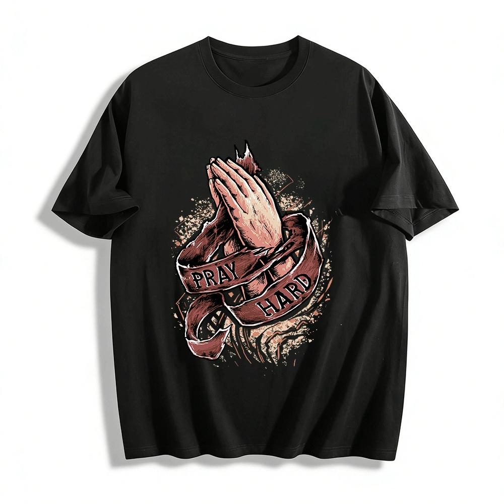 Pray Hard Vintage Praying Hands Graphic Casual Tee Pure cotton T-shirt XXS