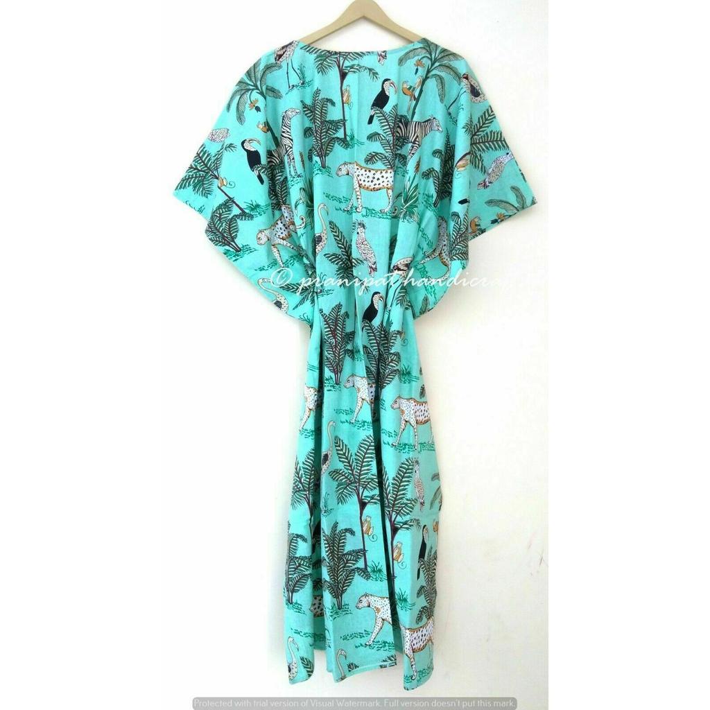 Indian Mint Long Animal Print Cotton Hippie Maxi Women Nightwear Caftan Dress CKFTN-SCRN-FULL-BUYIT-028