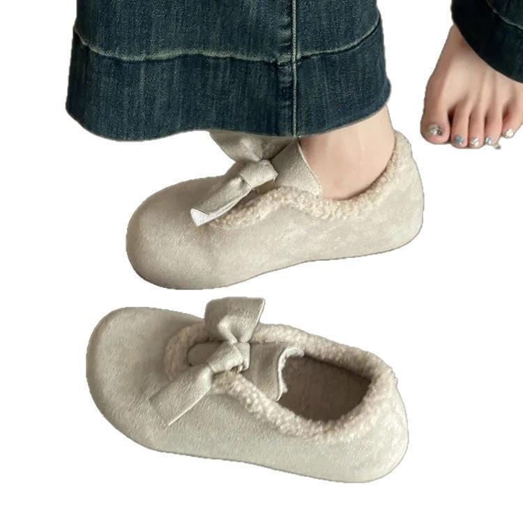 All-inclusive velvet Birkenstocks New autumn and winter bow fluffy shoes cotton shoes