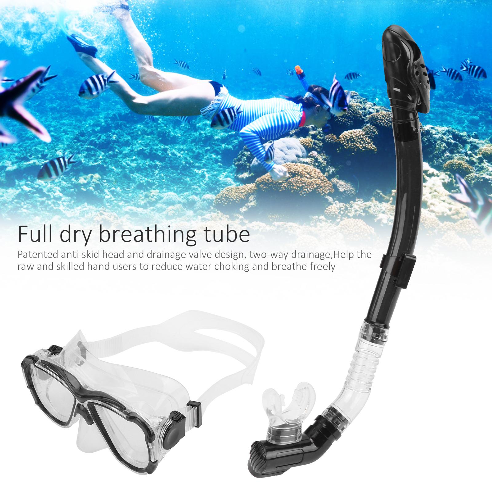 Adults Snorkel Set AntiFog Diving Cover Tempered Glass Goggles with Dry Top Snorkel Tube(Blue )