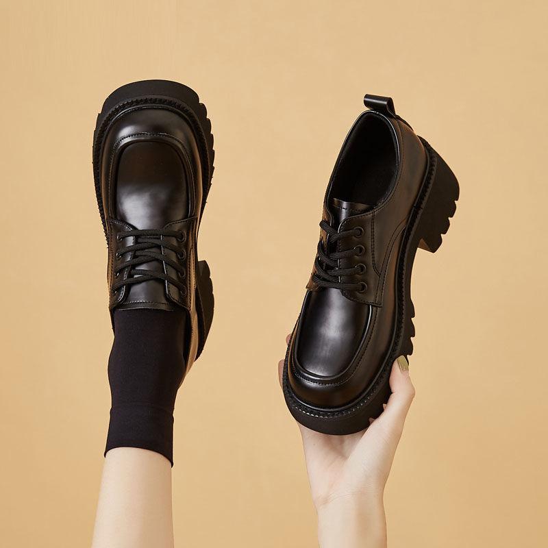 

Women s platform small leather shoes spring and summer height increase single shoes round head square heel Mary Jane women s shoes 40