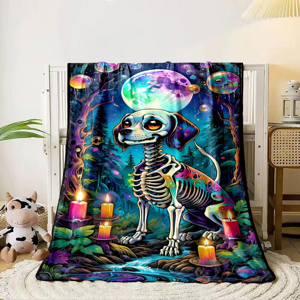 A colorful skeleton dog in a luminescent forest with candles and a moon. for all seasons blanket lunch break throw gift 80cm x 120cm