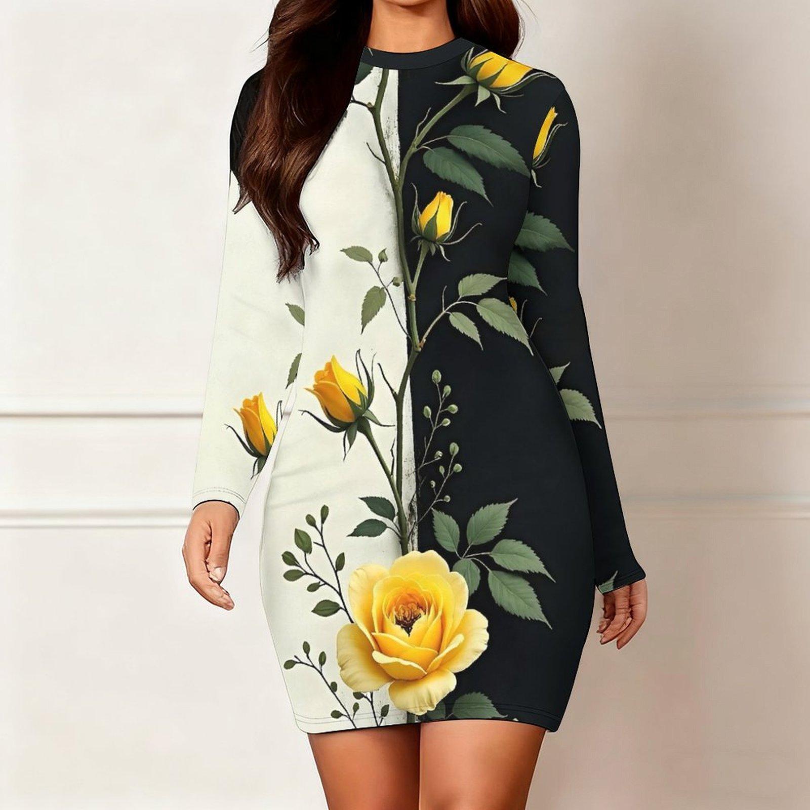 

2025 Осінньо-зимовий Новий Жіночий Модний Плаття з Довгим Рукавом та Круглим Вирізом, що Облегає Стегна, з 3D Квітковим Принтом та Фарбуванням, Обмежена Серія до Дня Святого Валентина XXL жовтий