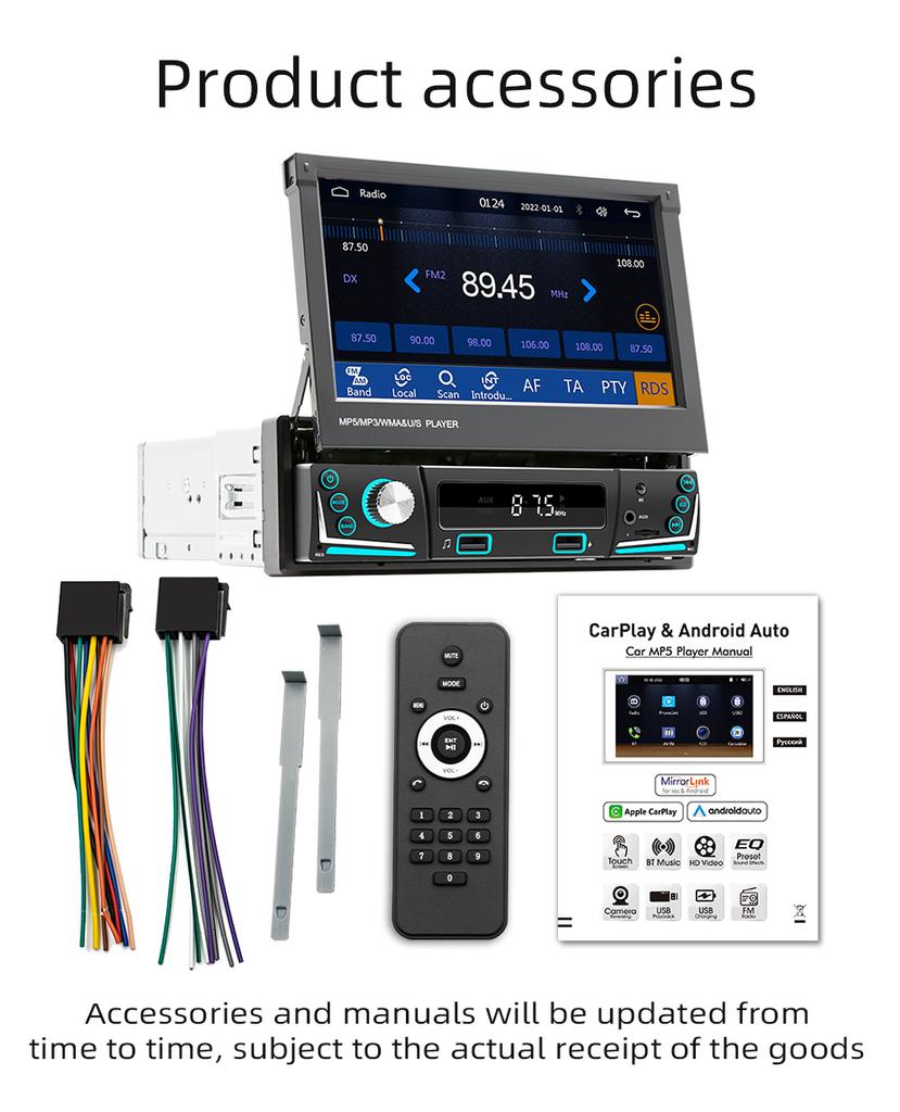 7 Inch HD Wireless Android Auto CarPlay 1Din Video Multimedia MP5 Player Retractable Screen Mirror Link Car BT/FM/USB/AUX 9606W