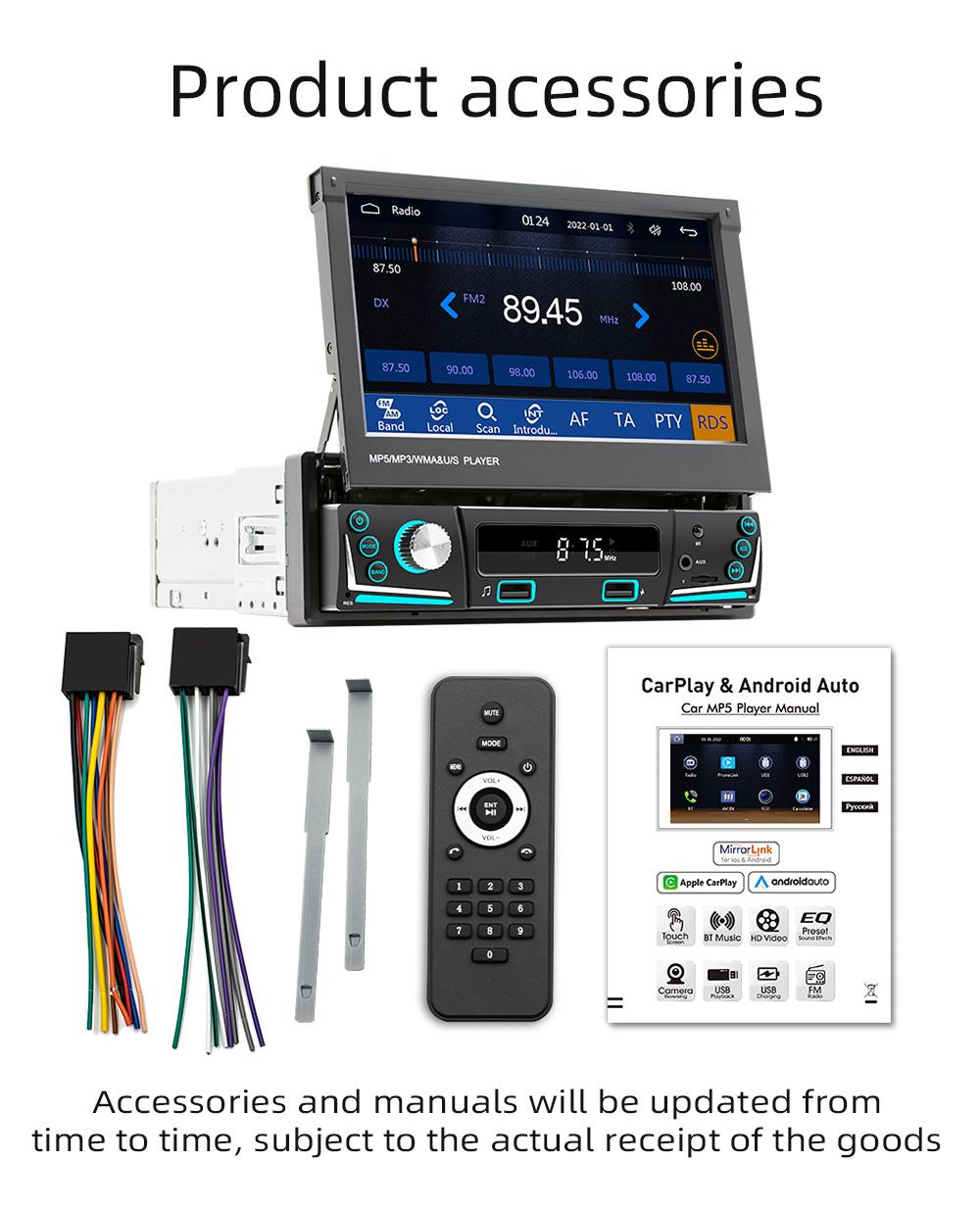 

7-дюймовый HD Беспроводной Android Auto CarPlay 1Din Видео Мультимедийный MP5-плеер Выдвижной экран Mirror Link Автомобильный BT/FM/USB/AUX 9606W