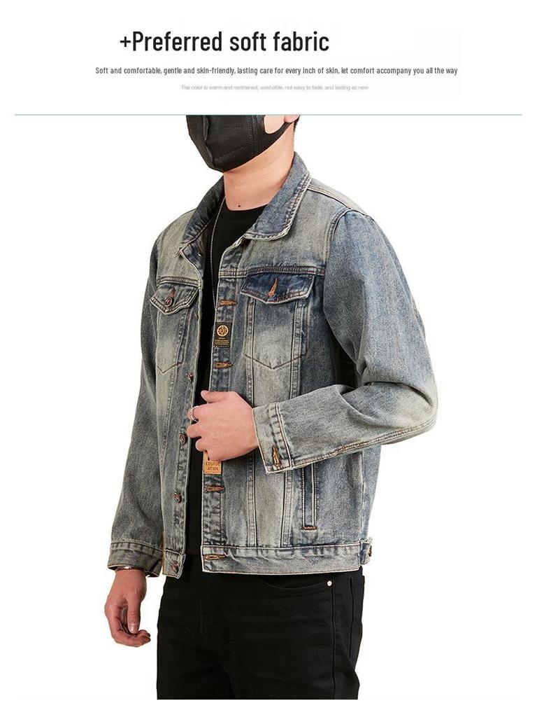 Xintang Men's Loose Casual Denim Jacket with Lapel and Feature Print for Spring & Autumn 2025