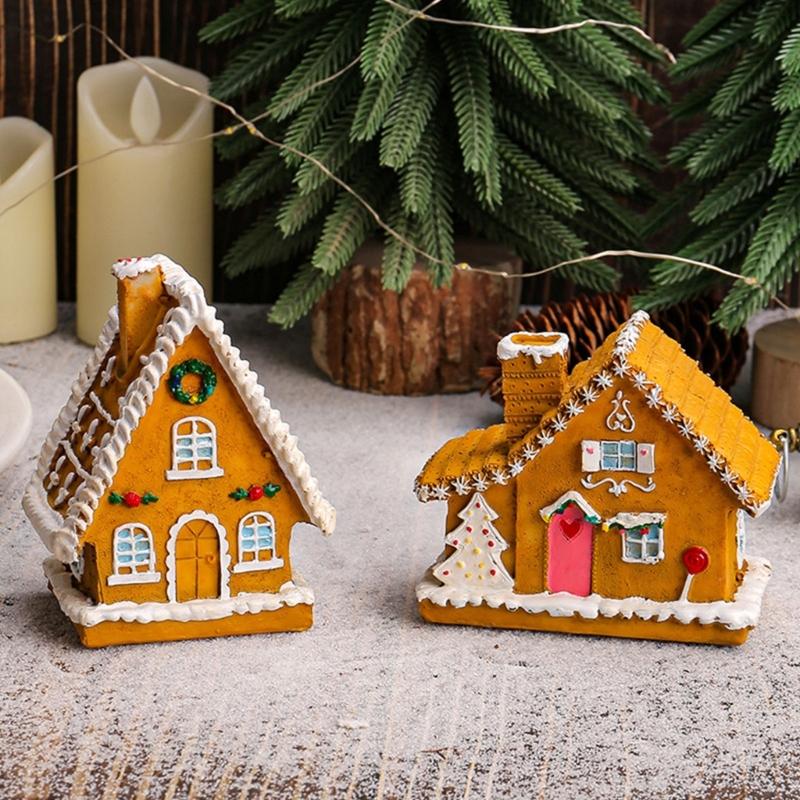Christmas Village Houses Christmas Collectible Buildings with LED Light Christmas Decors Gingerbreads House Figurine