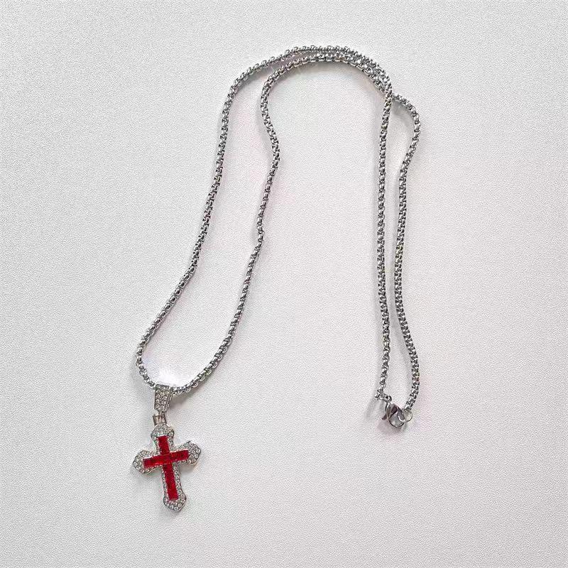 Spicy Girl Shiny Full Diamond Cross Pendant Long Necklace - Non-Fading Hip Hop Halloween Collarbone Chain