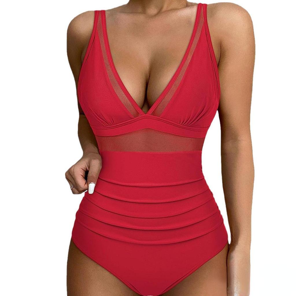 Sexy Mesh Patchwork Einteiler Bademode Frauen Aushöhlen High Cut Damen Badeanzug Bikini