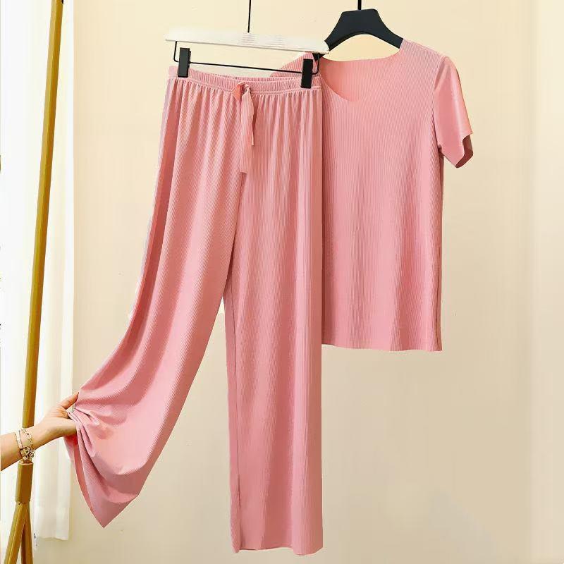 

2 шт./компл. женские пижамы бесшовные ледяной шелк с круглым вырезом и коротким рукавом сплошной цвет с эластичной резинкой на талии и широкими штанинами свободные мягкие дышащие домашние комплекты с верхом и брюками XXXXL светло-розовый