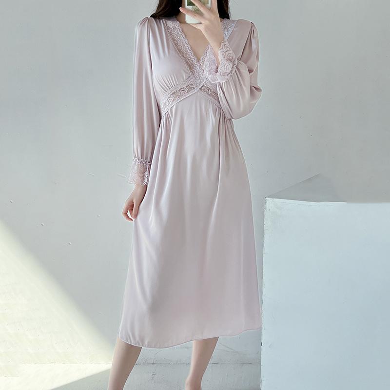 Spring and summer pajamas women's ice silk boyfriend wind 1011 new long-sleeved pure desire pajamas sexy lace dress