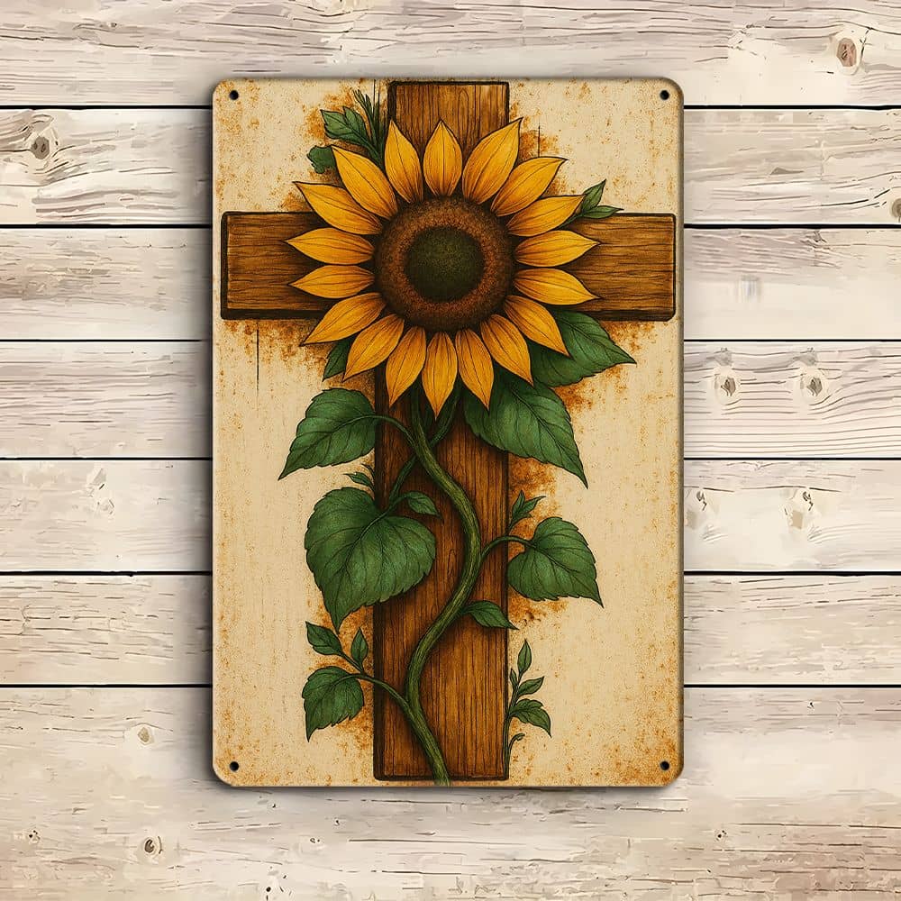 Vintage Sunflower Cross Metal Sign, 8x12 Inch.