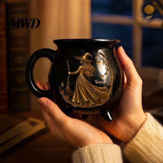 Decorazione Casa Magica Stregoneria Tazza Caldaia Strega di Halloween, 350ml Pentola Magica Vintage Gotica a 3 Gambe, Barattolo Contenitore da Scrivania per Ufficio Gatto Nero Ceramica
