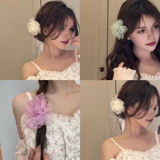 Hairpin Breathable Mesh Organza Fabric Fairy 3D Flower Hair Clip Macaron Color Lightweight Breathable Hair Accessory