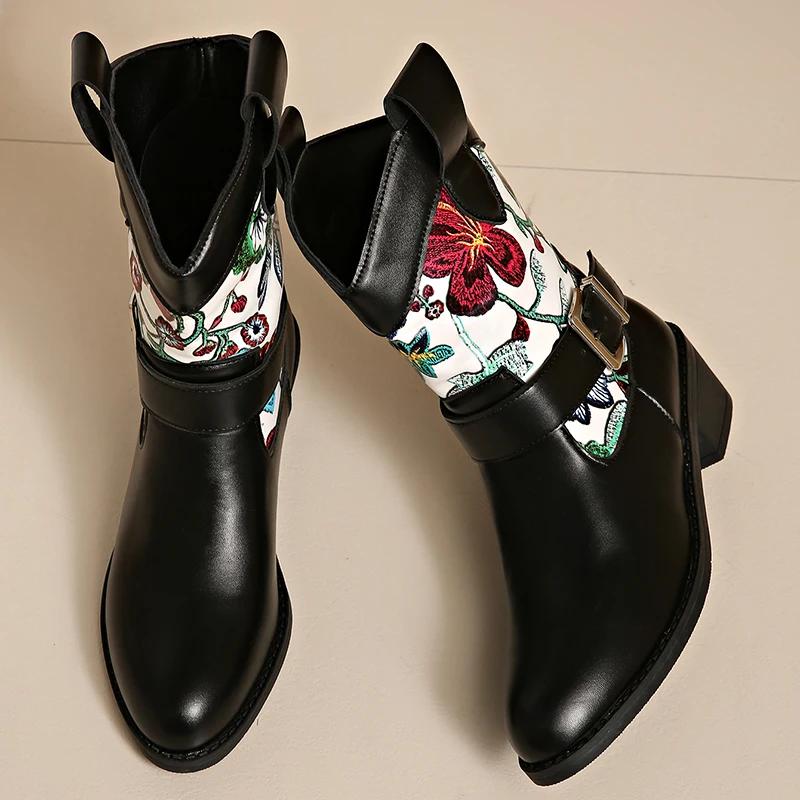 Vintage Flower Embroidery Western Boots Women Fashion Buckle Thick Heel Ankle Boots Woman Slip On Pointed Toe Short Booties 43