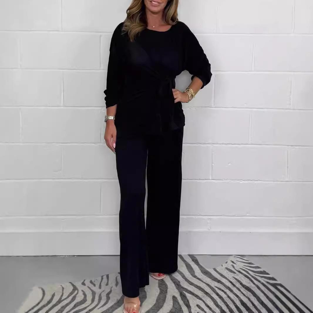 

Women s Olive Green Casual Knotted Top and Wide Leg Pants Set S чорний