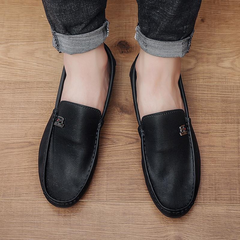 Men's Shoes Summer Black Hollow Breathable Men's Casual Leather Shoes One Pedal Outdoor Driving Soft-soled Doudou Tide Shoes